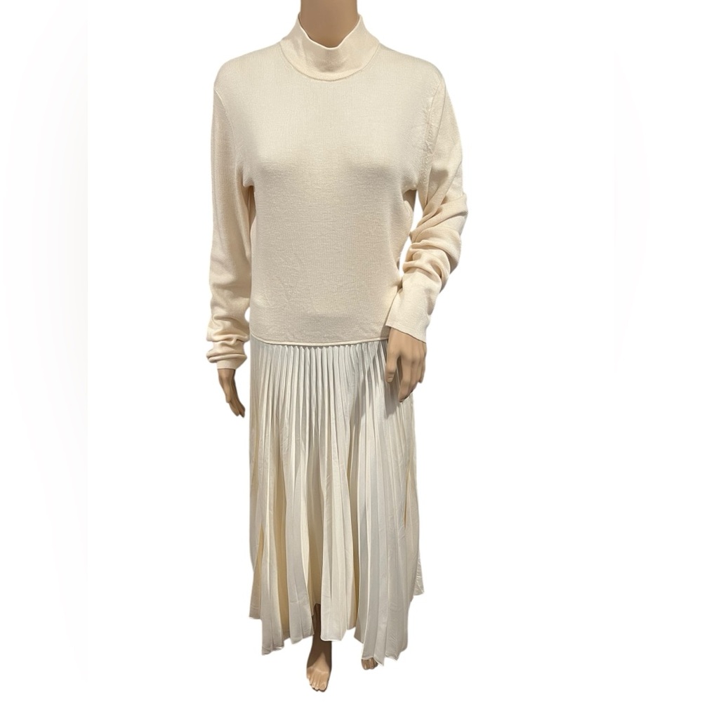 Polo Ralph Lauren Womens Dress Long-Sleeve Cream pleated Mockneck Wool Silk XL - Picture 3 of 16